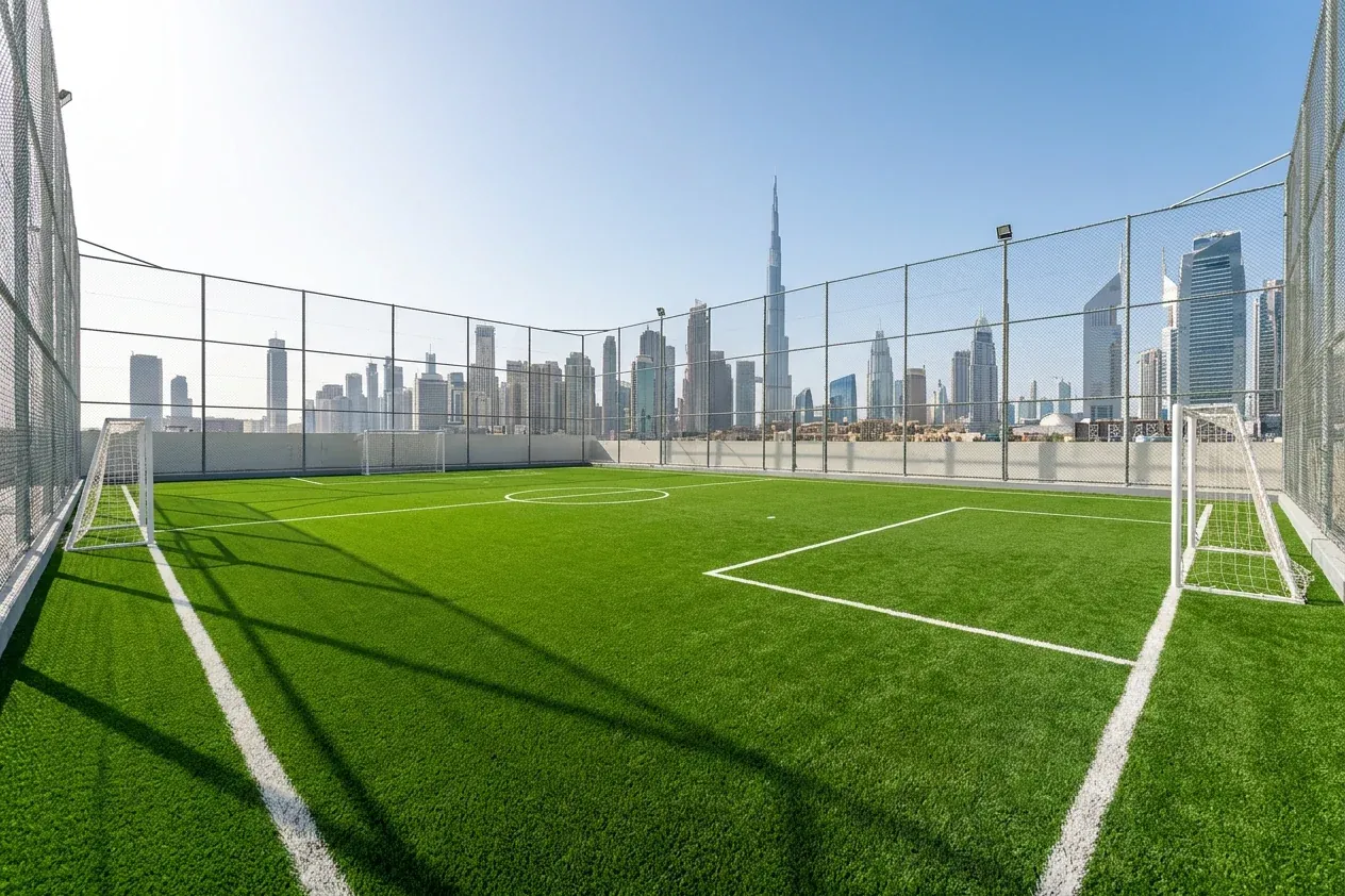 Football artificial turf pitch with Dubai skyline